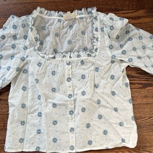 Sezane White Cotton Blouse with Light Blue Floral Embroidery